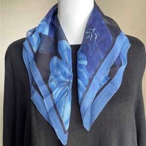 Floral scarf in shades of blue. Rayon. Approx. 22” sq.